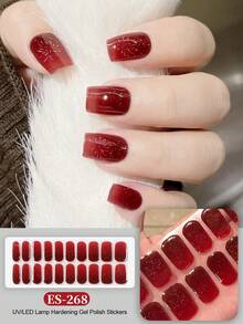 半固化凝胶美甲贴，20片装，持久耐用，沙龙级品质，易于粘贴和卸除，需配合UV灯使用 - 酒紅色 - 查看 8