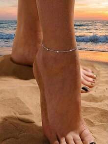 1件极简银色链脚链，精致串珠脚链，简约波西米亚风沙滩夏季饰品，女士礼物 - 銀色 - 查看 2