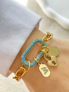 1件金色字母吊坠手链，天蓝色扣环链，不锈钢链，时尚多珠手链，独特奢华女士手链 - 金黃色 - 查看 2