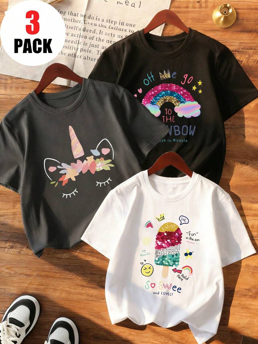 3件套女童休闲笑脸图案圆领短袖T恤，时尚可爱英文印花，夏季学生服装，情人节