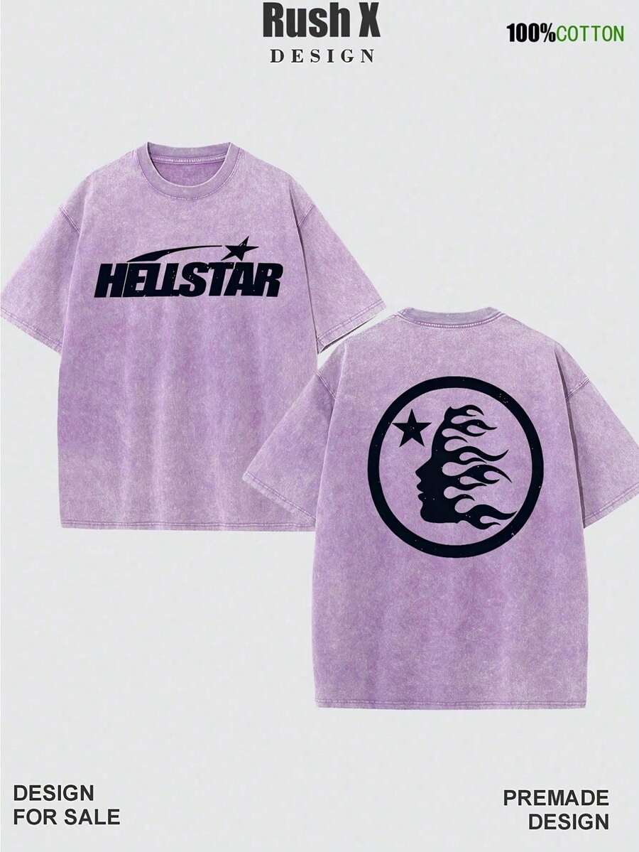 Men's Pattern Washed T-Shirt - Double Sided Printing, 100% Cotton, Short Sleeved, Summer Casual T-Shirt, Black With White Star Design, Loose Fit, Machine Washable, Daily T-Shirt | Loose Fit Shirt | 100% Cotton T-Shirt, Cotton T-Shirt - 紫色 - 查看 1