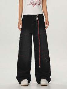 1 pieza Jeans anchos y sueltos de estilo retro, pantalones cargo de múltiples bolsillos, jeans de mezclilla negros de pierna ancha versátil (cinturón y accesorios no incluidos) - Negro - Ver 3