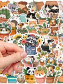 50pcs Potted Animal Stickers Cute Cartoon Aesthetic For Journal, Phone Case, Tablet, Water Bottle, Desk, Luggage, Waterproof Decals - متعدد الألوان - مشاهدة 5