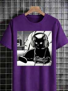 [Black Cat T-Shirt] Relaxed Fit Black Casual  Cat Graphic T-Shirt |   Short Sleeve Crew Neck, Summer Style, Polyester Blend2025 - 紫色 - 查看 1