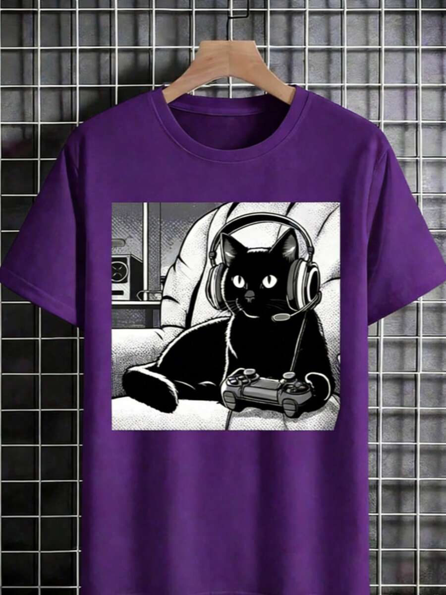 [Black Cat T-Shirt] Relaxed Fit Black Casual  Cat Graphic T-Shirt |   Short Sleeve Crew Neck, Summer Style, Polyester Blend2025 - 紫色 - 查看 1