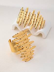 2件套褶皱水波纹夸张手链戒指套装，个性化大号款，时尚街头风派对饰品 - 金黃色 - 查看 5