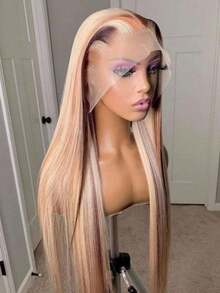 Highlight Blonde Natural Straight Glueless Wigs For Women Daily Use 13X4 HD Transparent Ombre Colored Lace Frontal Wig Human Hair Pre Plucked With Baby Hair 180 Density Bone Straight Lace Front Wigs Human Hair Natural Looking - 挑染金髮 - 查看 2