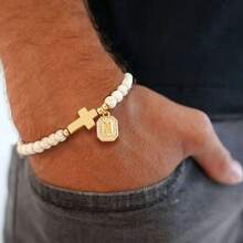 1pc New Classic Cross Block Initial Pendant Beaded Bracelets For Men - White - View 1