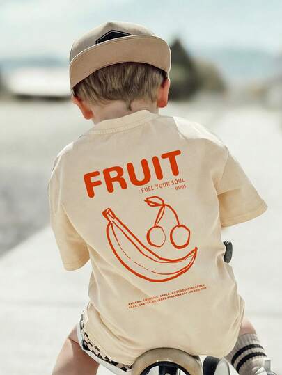 1pc Boys' Casual Fruit Print Round Neck Short Sleeve T-Shirt, Summer Student Young Children Clothing