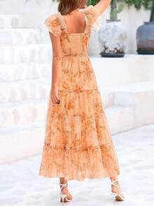 Women's Summer Mid-Length Dress Casual Sleeveless Pleats Ruffled Tulle Flowing New Year Party Wedding Guest Sundress - 杏底橙花 - 查看 2