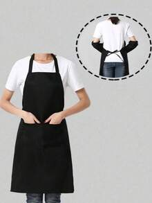 Polyester Apron With Wide Trim, Minimalist Black Apron With Pockets - A - View 2