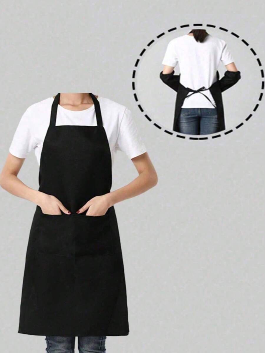 Polyester Apron With Wide Trim, Minimalist Black Apron With Pockets - A - View 1