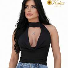 LUNA BLOUSE WITH GODE NECKLINE AND OPEN BACK. Polyester. Open Back / Backless. Transparent. Vacation. Night. Daily. - màu đen - Xem 1