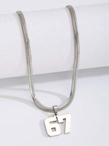 1件装时尚简约创意不锈钢67号吊坠项链，扁平蛇形链，嘻哈街头风金/银吊坠男女通用礼物颈链饰品 - 彩色 - 查看 7