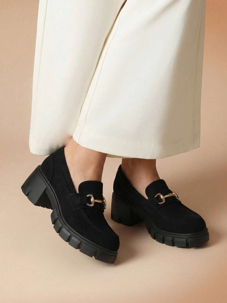 Women Chunky Heel Loafers, Platform Loafers, Slip On Casual Business Dress Versatile Shoes - Black - View 1