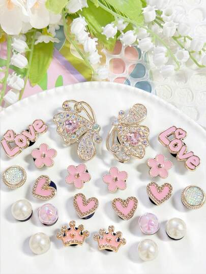 22pcs/Set White & Pink Letter, Butterfly, Heart, Flower Decorative Accessories, Suitable For Women Shoes, Sandals, Slippers, DIY Decor, Great Birthday, Party, Holiday Gift