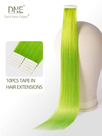 DNE HAIR 10pcs Tape In 100% Human Hair Extensions Green Color 25g 18inch Silky Seamless Invisible Highlight Colorful Hairpieces Rainbow Hair Extension Top Quality Thick Ends Healthy Human Hair Extensions Invisible Tape In For Womean/Girls