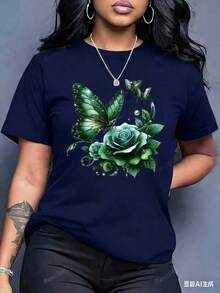 Women'S Casual Crew Neck T-Shirt With Purple Rose And Butterfly Graphic Print,Ideal Birthday Or Holiday Gift, White And Navy The-Shoulder Cropped Top - 藏蓝色 - 查看 3