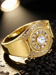 1枚新款优雅锆石男士戒指，奢华圆盘设计，适合派对、日常佩戴，父亲节礼物 - 彩色 - 查看 9