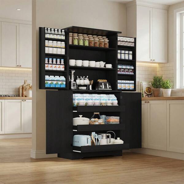 72" Kitchen Pantry Storage Cabinet, Farmhouse Pantry Cabinet With 8 Hanging Rack Shelves & 3 Pull-Out Racks, Pantry Storage Cabinet, Freestanding Cupboard For Kitchen, Dining Room, White/ Black/ Brown