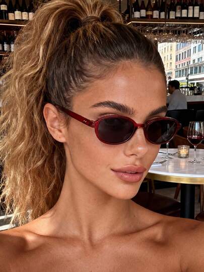 1 Pair Unisex Red Oval Small Frame Fashion Glasses, Suitable For Street Style, Fashion Shows, Parties, Family Outings, Travel, Beach Vacations, Outdoor Activities In Summer