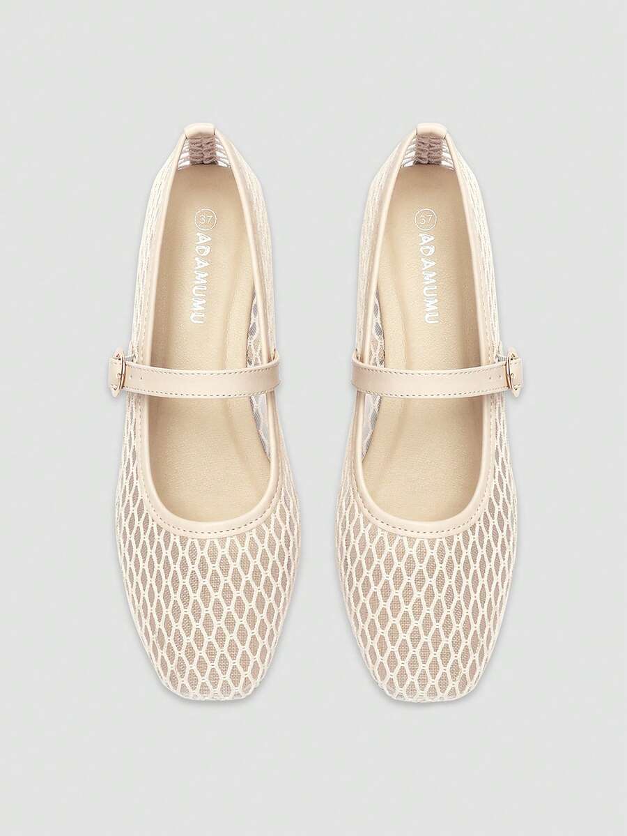 ADAMUMU 女士时尚平底芭蕾舞鞋，刺绣蕾丝网布时尚舞蹈鞋，纯色透气休闲平底鞋，方头浅色平底鞋，时尚舒适 - 白色 - 查看 1