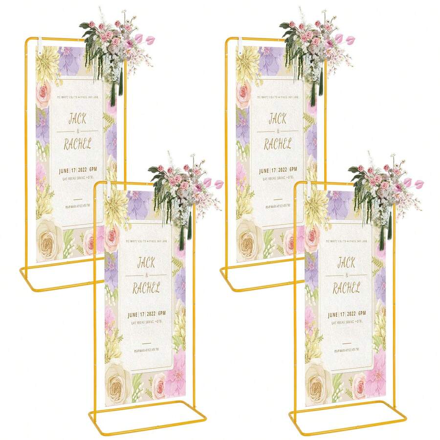 4Pcs Wedding Sign Stand, 68.9inch Adjustable Wedding Sign With Leather Sign Hanging Straps, Durable Metal Easel Stand For Wedding Welcome Signs, Seating Charts, Ceremony & Reception Decor - Golden Advertising Stand Combination - View 1