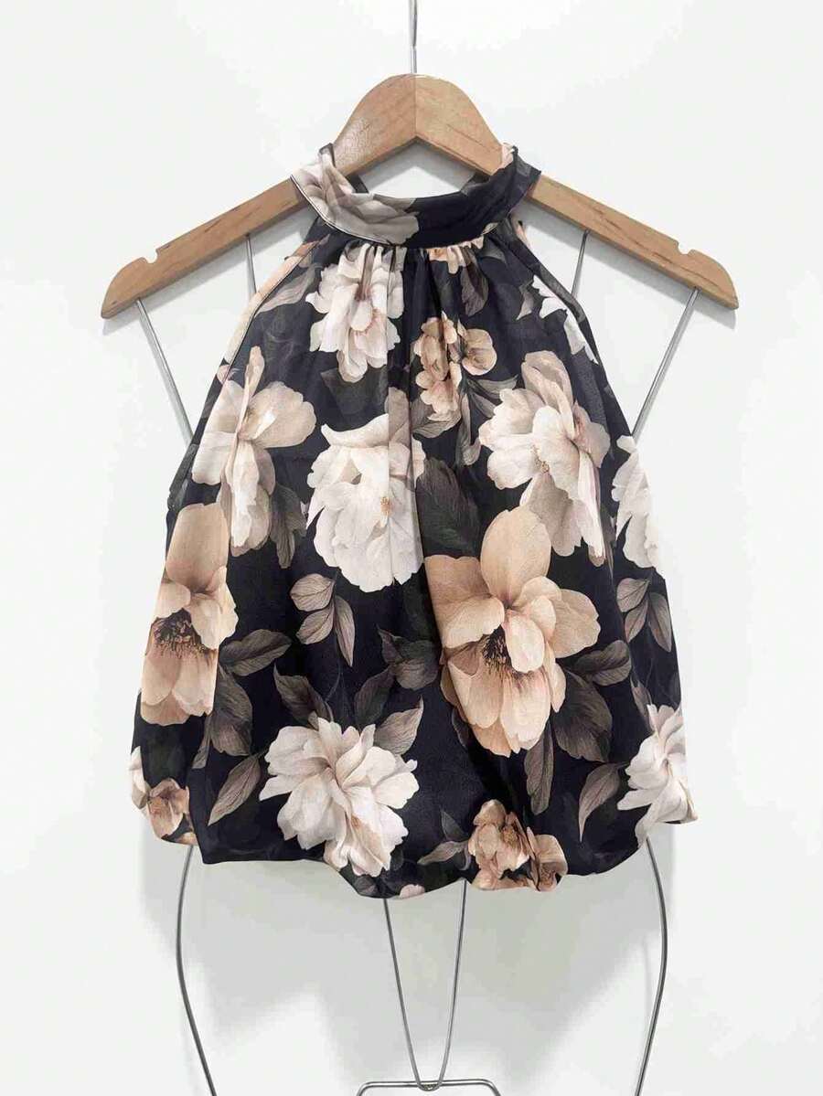 Stylish Women's Floral High Neck Blouse - Marrón Mocha - Ver 1