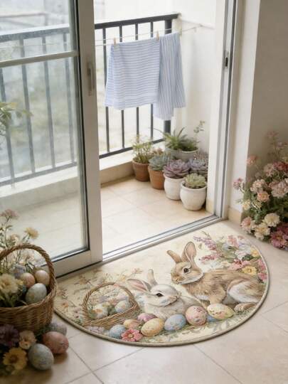 1pc Vintage Cream-White Two Rabbits Semi-Circle Rug/Carpet, Fairy Tale Pastoral Retro Colorful Floral Design - Suitable For Entryway, Bedroom Or Outdoor Space - Washable Cotton Mat, Velvet Doormat Rug, Cute And Stylish Design To Add Unique Visual Effect - Soft, Washable, Suitable For Living Room, Bedroom, Study Or Balcony; Room Decor, Party Decor, Holiday Gift; Washable, Modern Style Rug