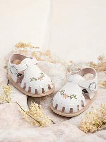 婴儿幼儿女童PU皮软底露趾夏季凉鞋公主平底鞋婴儿白色、粉色、黑色、棕色刺绣凉鞋 - 白色 - 查看 12