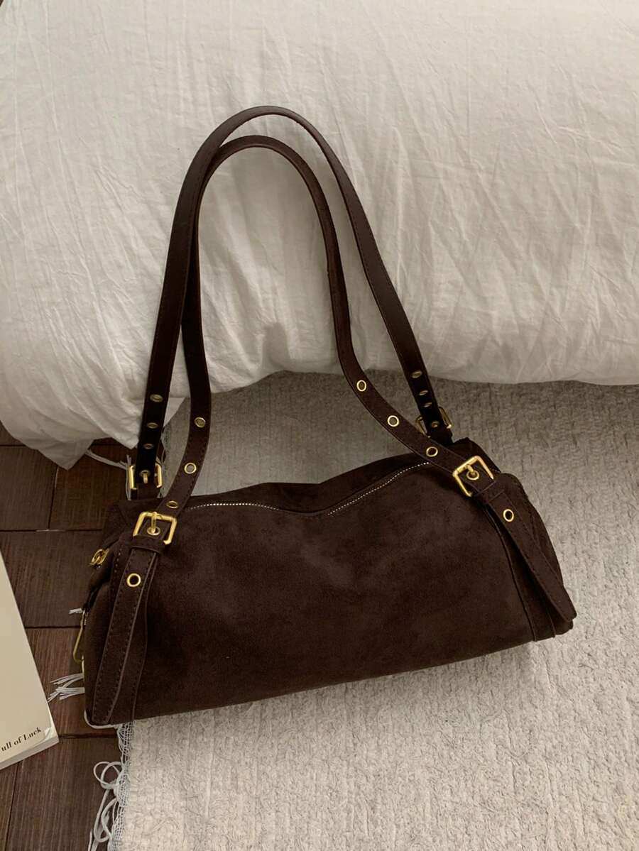 1个仿麂皮手提包，配金色五金配件，可转换成托特包或单肩包，拉链封口，复古休闲风格，适合秋冬季通勤、约会和购物。 - 咖啡 - 查看 1