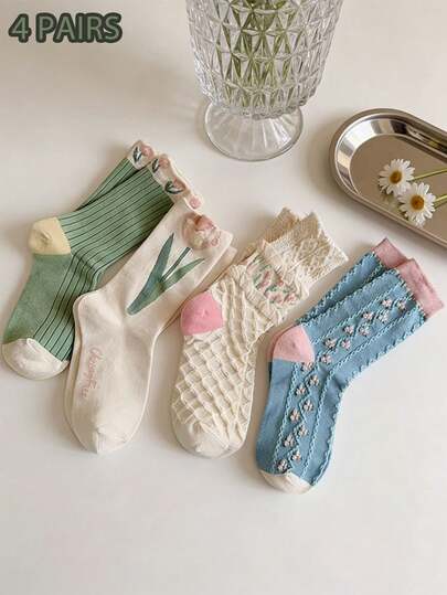 4 Pairs Women's Retro Bohemian Style Printed Socks, Stacked Design, Comfortable Casual Mid-Calf Socks, Suitable For Leg Warmth In Autumn/Winter