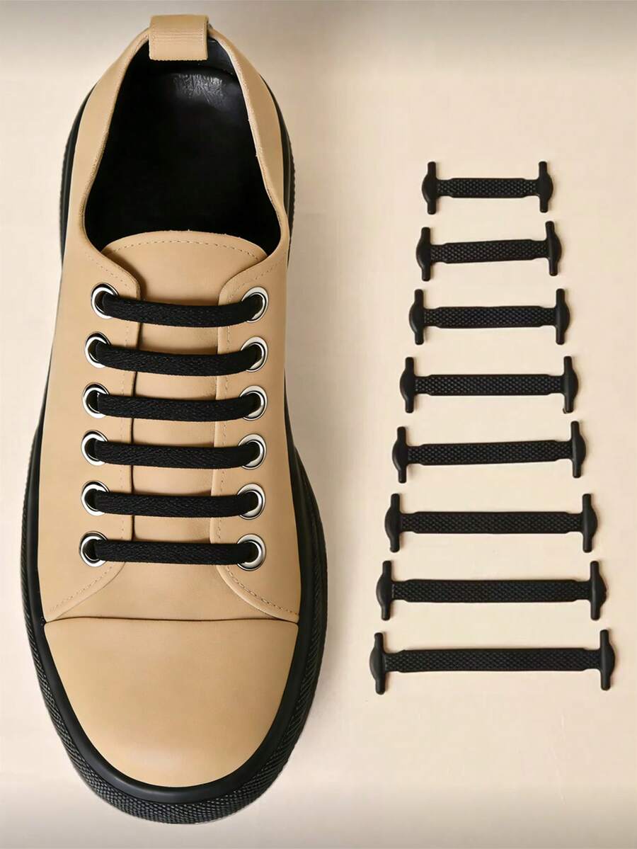 16 piezas/Set Cordones de silicona negra sin nudos, cordones elásticos adecuados para zapatos deportivos, zapatos casuales, botas de combate, uso diario de verano, accesorios de calzado regalo
