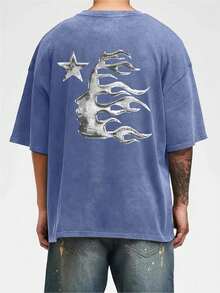 Men's Printed Pattern Washed T-Shirt - Casual Loose Summer T-Shirt With Star And Flame Design, Adult Brown 100% Pure Cotton Round Neck Shirt, Breathable T-Shirt | Avant-Garde Casual Wear | 100% Pure Cotton Printed T-Shirt - Royal Blue - View 3