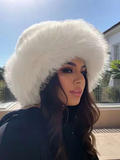 1 pieza Sombrero elegante de unicolor de poliéster con parches de piel sintética cálida y a prueba de viento, sombrero de cubo de piel sintética de zorro lindo, gorra de piel sintética gruesa y cálida con protección para las orejas