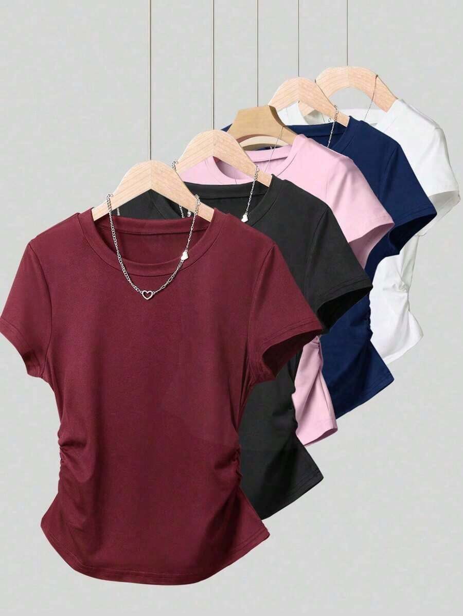 A Simple Solid-Color Short-Sleeved T-Shirt Set For Women, Suitable For Daily Wear And Easy To Match With Various Outfits. Includes 1 Piece - Màu Đỏ Sâu - Xem 1