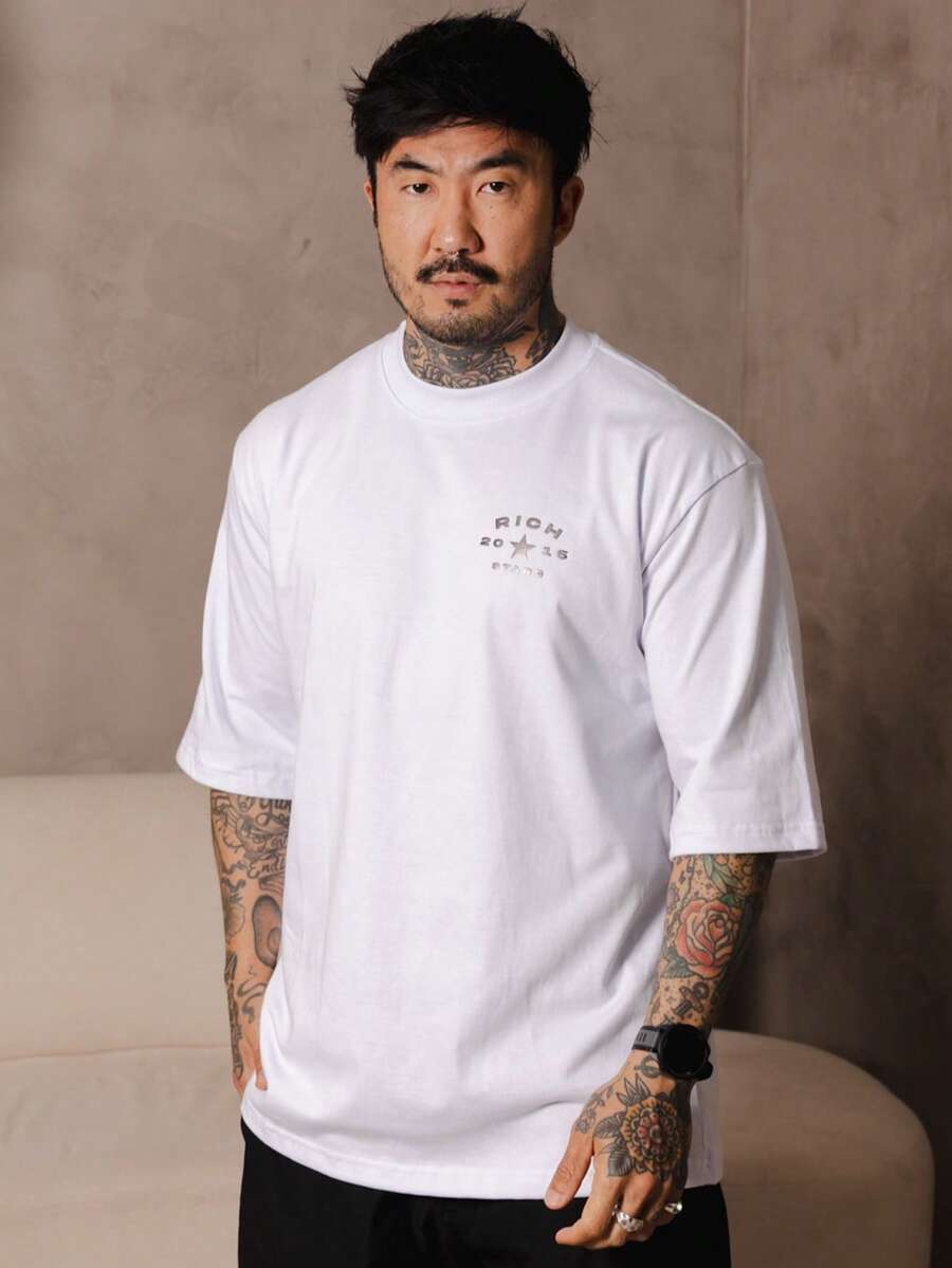 Oversized Circle Star T-Shirt With Embossed Print, Streetwear, Premium Cotton - trắng - Xem 1
