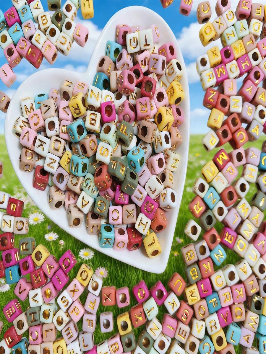 300/600/1000pcs Mixed Color Acrylic Letter Pattern Square Spacer Beads For Jewelry Making - Multicolor - View 1