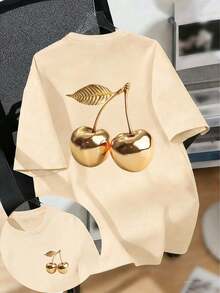 少女休闲印花圆领短袖T恤，夏季上衣 - 杏色 - 查看 3