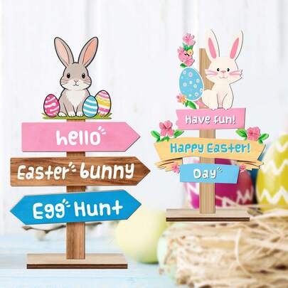 Bestselling Colorful Rabbit Slogan Desktop Decor, Craft, Easter Garden Party 2D Printed Wooden Ornament
