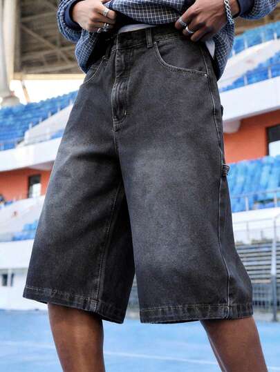 EVRINFINITE Men's Bermuda Denim Shorts, Basic Light Wash Casual Street Style Mid-Length Shorts For Daily Wear, Emo