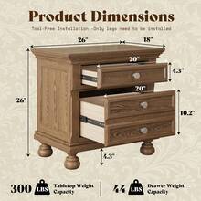 Fully Assembled Solid Wood Nightstand With 2 Storage Drawers, 26" Extra Large Traditional Bedside Cabinet For Bedroom - Nâu nhạt - Xem 2