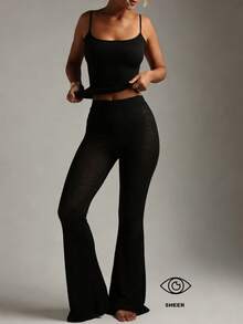 FLEXCHIC 女士性感网纱透视喇叭裤，时尚弹力长裤，适合春季、复活节、情人节，性感Y2K风格，适合派对和音乐节，黑色夏季款 - 黑色 - 查看 7