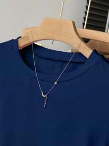 A Simple Solid-Color Short-Sleeved T-Shirt Set For Women, Suitable For Daily Wear And Easy To Match With Various Outfits. Includes 1 Piece - Navy Blue - View 5