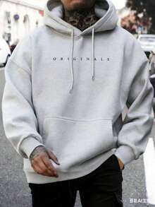 [Fleece-Lined Hooded Sweatshirt] Oversized Men's Fleece-Lined Hooded Sweatshirt |   ORIGINALS Letter Print,  Pocket, Adjustable Drawstring Hood, Relaxed Fit, Quality Stitching, Unisex Style, Everyday Comfort For Fall Winter Warmth-White And Navy Off-The-Shoulder Cropped Top - 灰色 - 查看 3