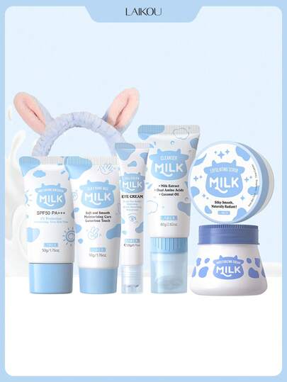 7件套莱口牛奶护肤套装（50克牛奶保湿防晒霜、90克牛奶亮肤磨砂膏、80克牛奶洁面霜、50克牛奶丝滑护手霜、20克牛奶亮采眼霜、55克牛奶保湿霜、1个发带（红点））。保湿护肤礼盒，滋养修护护肤礼袋，适合所有肤质，也是送给妈妈的贴心礼物。