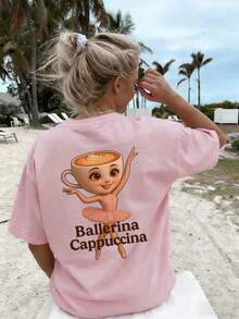 1pc Girls Casual Printed Round Neck Short Sleeve T-Shirt, Summer Student Young Children Clothing - The T-Shirt With Shan Hai Jing Character Print Brings Joy And Happiness To Every Child! Ballerina Cappuccina - Pink - View 2