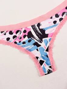 Dircho 3pcs Women's Fashion Neon Abstract Print Thong Set, Flexible Skin-Friendly Underwear Ideal For Creating A Stylish And Playful Daily Look - Multicolor - View 5