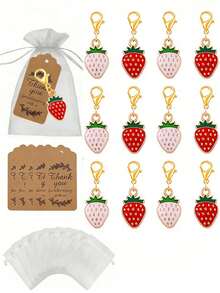 60/30/15/3 Stück/Set Erdbeere Schlüsselanhänger Geschenkset, inklusive 5 handgefertigte Erdbeere Schlüsselanhänger, 5 Dankeskarten und 5 Organza Beutel. Die Schlüsselanhänger sind handgefertigt mit roten und weißen Erdbeeren. Ideal als Geschenk für Brautjungfern, Gäste, Geburtstagsfeiern, Baby-Partys, Muttertagsfeiern, Verlobungspartys, Junggesellinnenabschiede und Abschlussfeierlichkeiten. - Übersicht 1