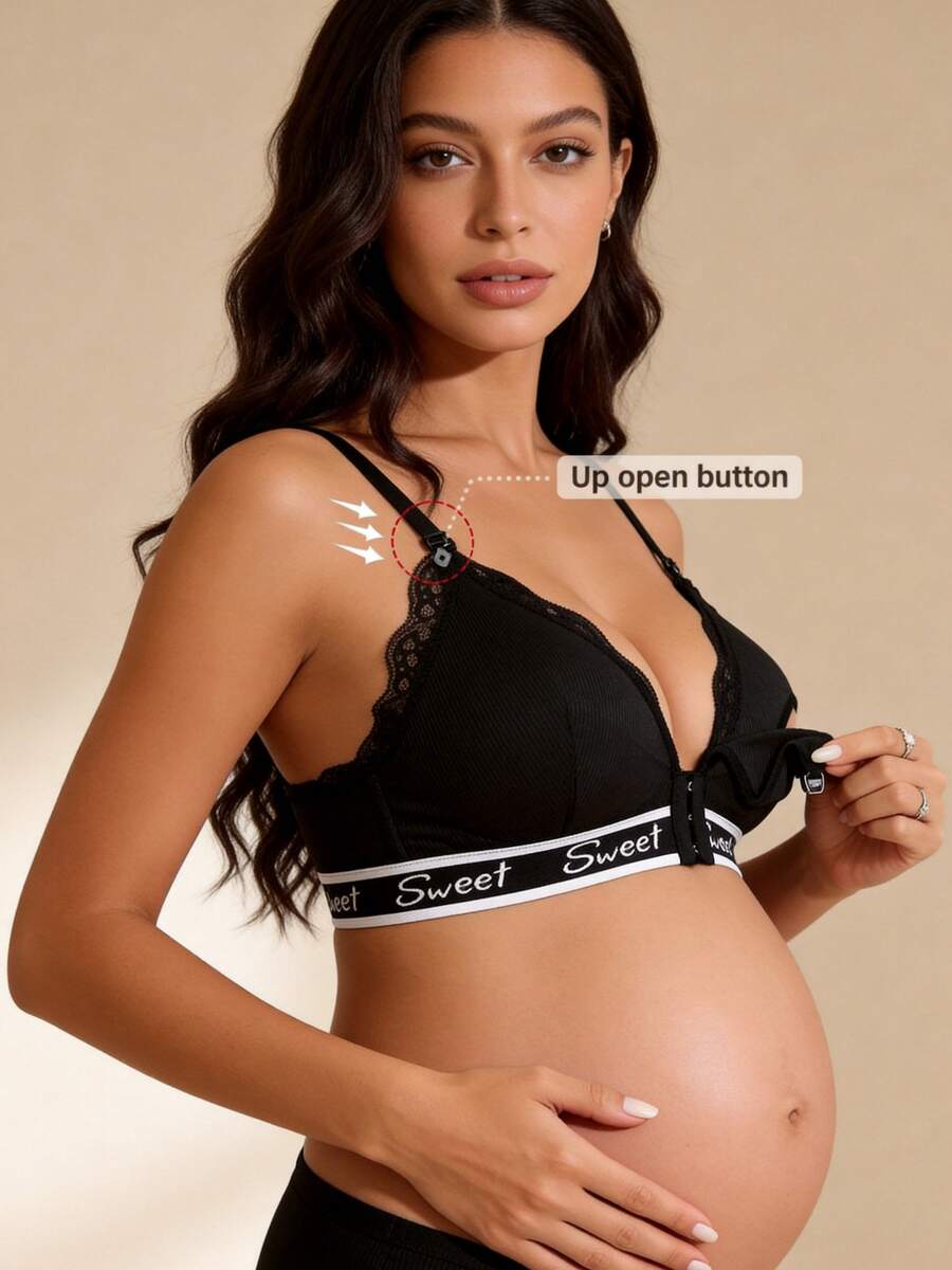 Hart & Haze Women's Black Letter Jacquard Lace Patchwork Comfortable Nursing Bra - Black - View 1